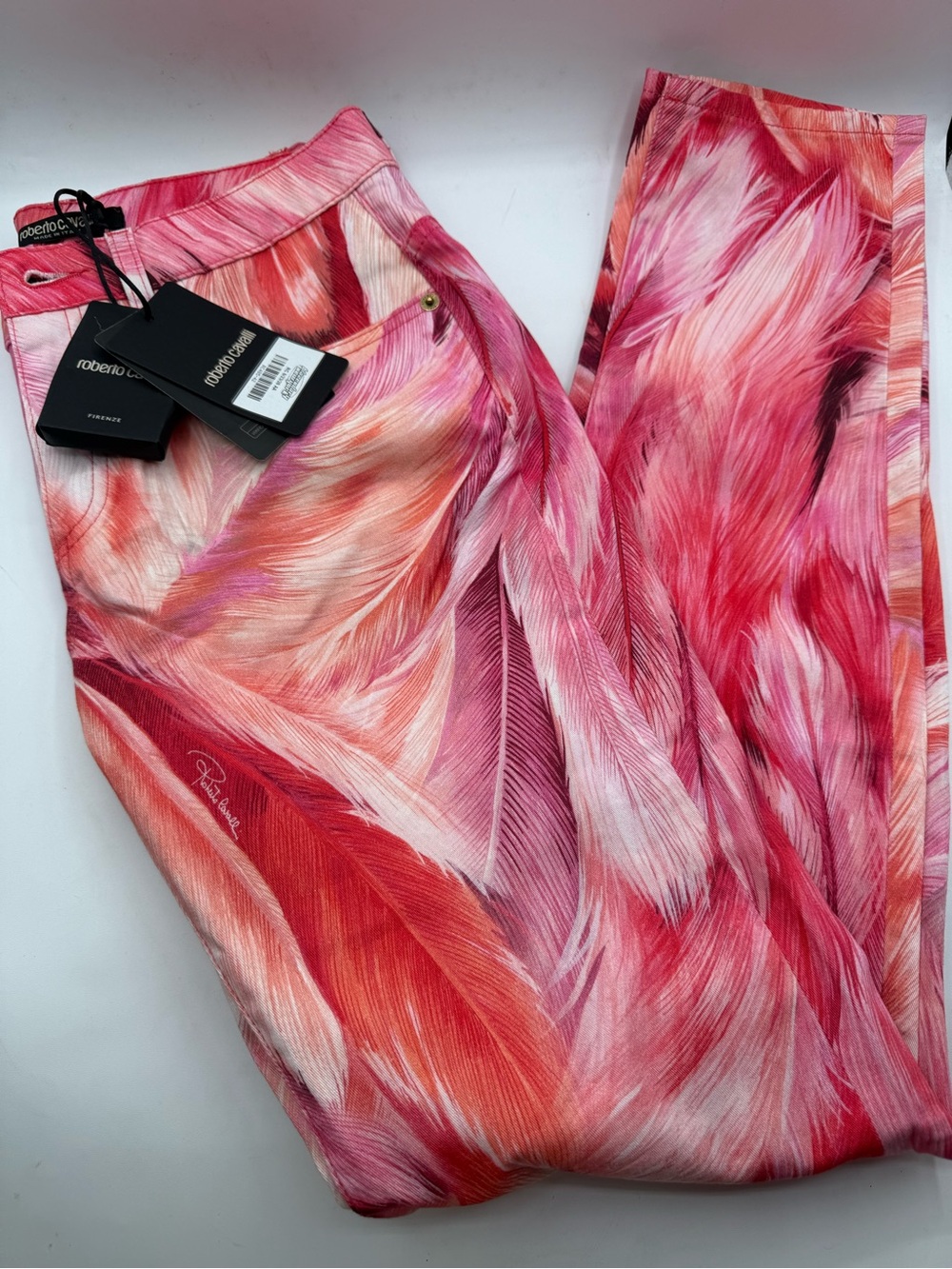 NWT Roberto Cavalli Women’s Pink & Red Feather-Print Stretch Pants